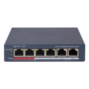 SWITCH HIKVISION 4 × 10/100 Mbps PoE port,2 × 10/100 Mbps RJ45 port PoE power budget 45w, - DS-3E1106P-EI/M