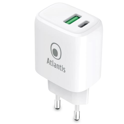 ALIMENTATORE ATLANTIS UNIVERSALE per SMARTPHONE E TABLET P008-PD20GN-2U AC 20W output 1xUSB 1xUSB-C PD TECNOLOGIA GAN